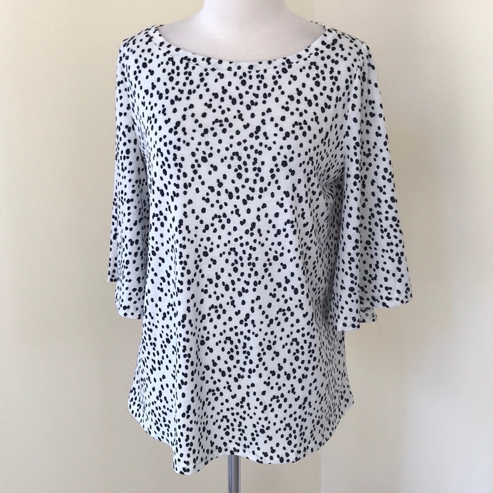 Tickled teal small white/ black butterfly sleeve top.